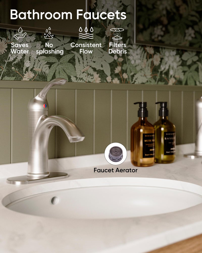 Homevacious Brushed Nickel Bathroom Faucet 1 Hole One-Handle Lever Bathroom Sink Faucets Bath Rustic Lavatory Basin Mixer Tap with Pop Up Drain with Overflow Supply Hose - Image 2